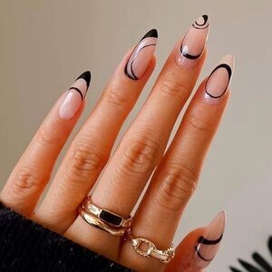 Black Swirl Press On Nails | 24pc Nail Set w/ Glue, Tabs & File | Trendy Nails